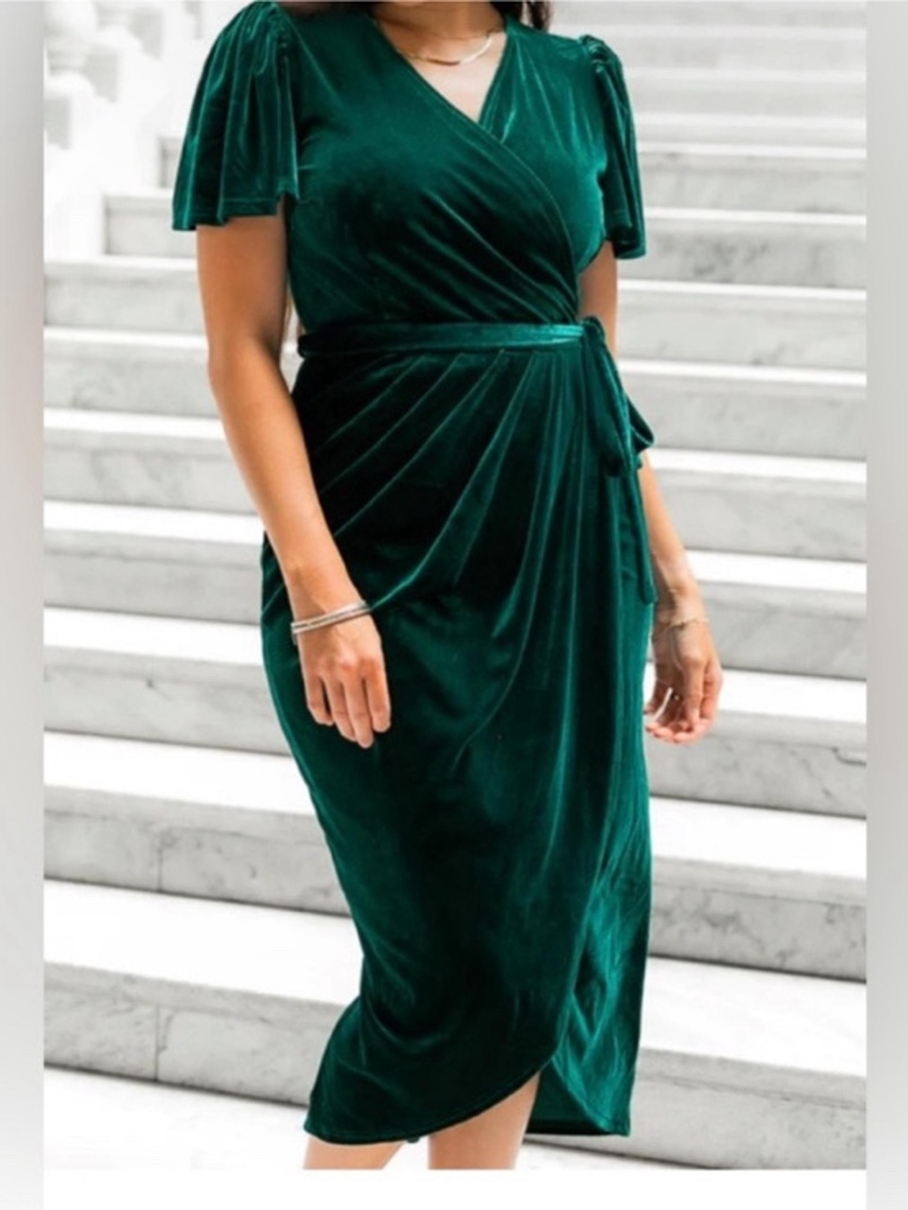Ivy City Co Emerald Green Velvet Wrap Midi Dress